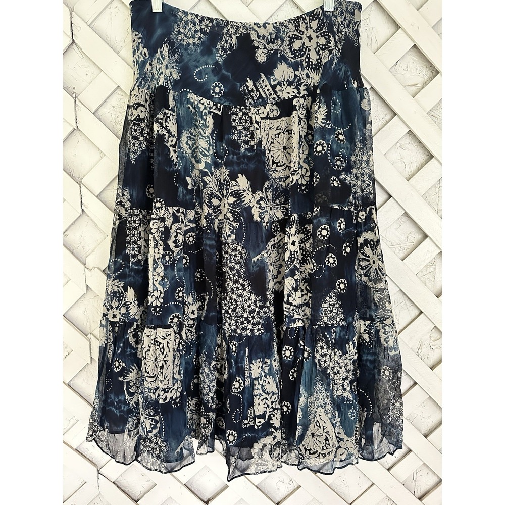 Lauren Ralph Lauren 100% Silk Midi Skirt Blue Lined Boho Old Money Flowy Large